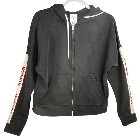Reebok Tops - Reebok Womens Full Zip Hoodie Black Logo Side Stripe Drop Shoulder Medium M